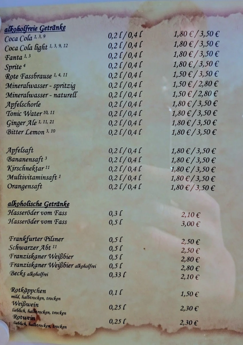 Speisekarte, Gaststätte Adonisröschen