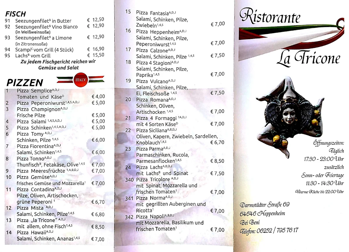 Speisekarte, Ristorante La Tricone - "bei Beni"