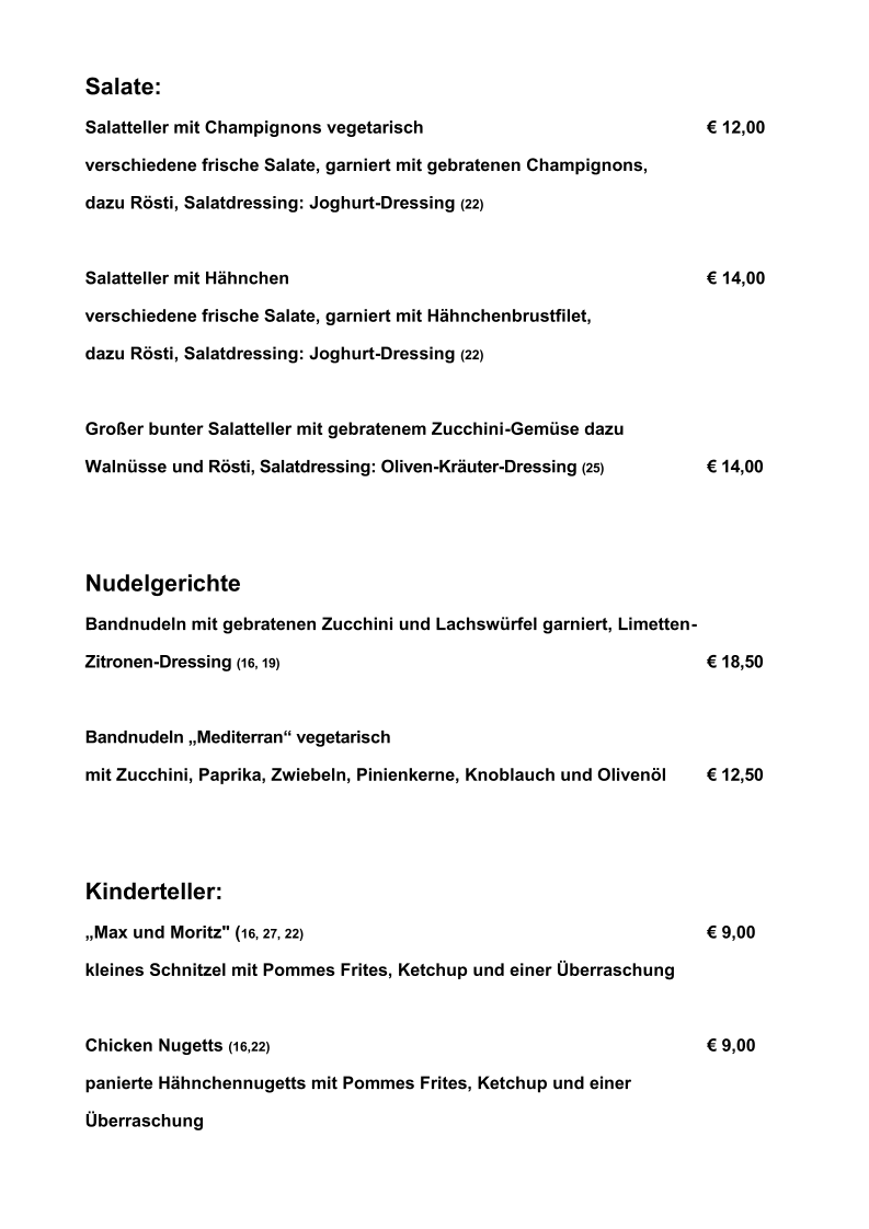 Speisekarte, Wittgensteiner Hof