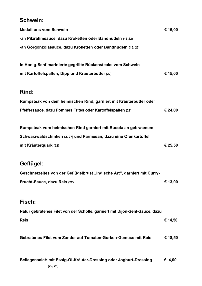 Speisekarte, Wittgensteiner Hof