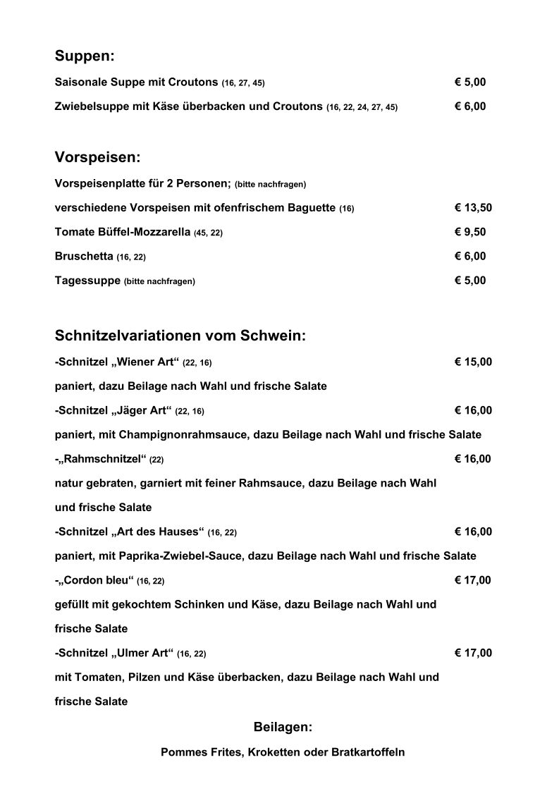 Speisekarte, Wittgensteiner Hof