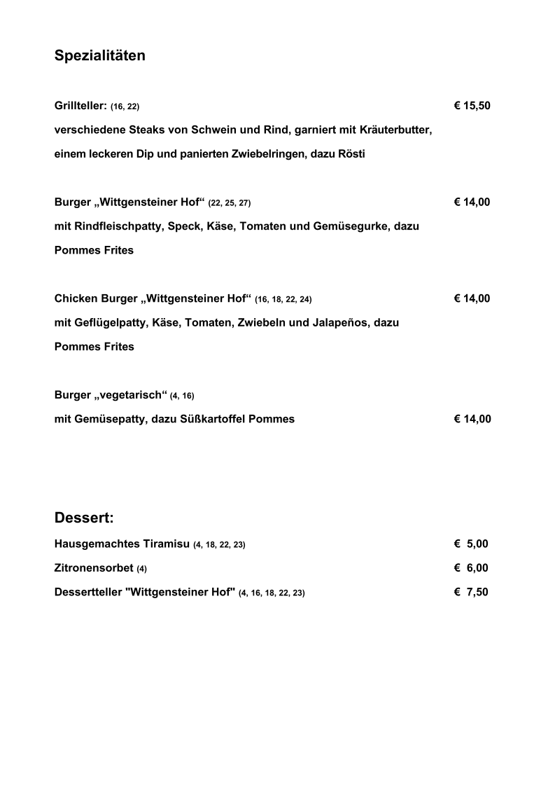 Speisekarte, Wittgensteiner Hof