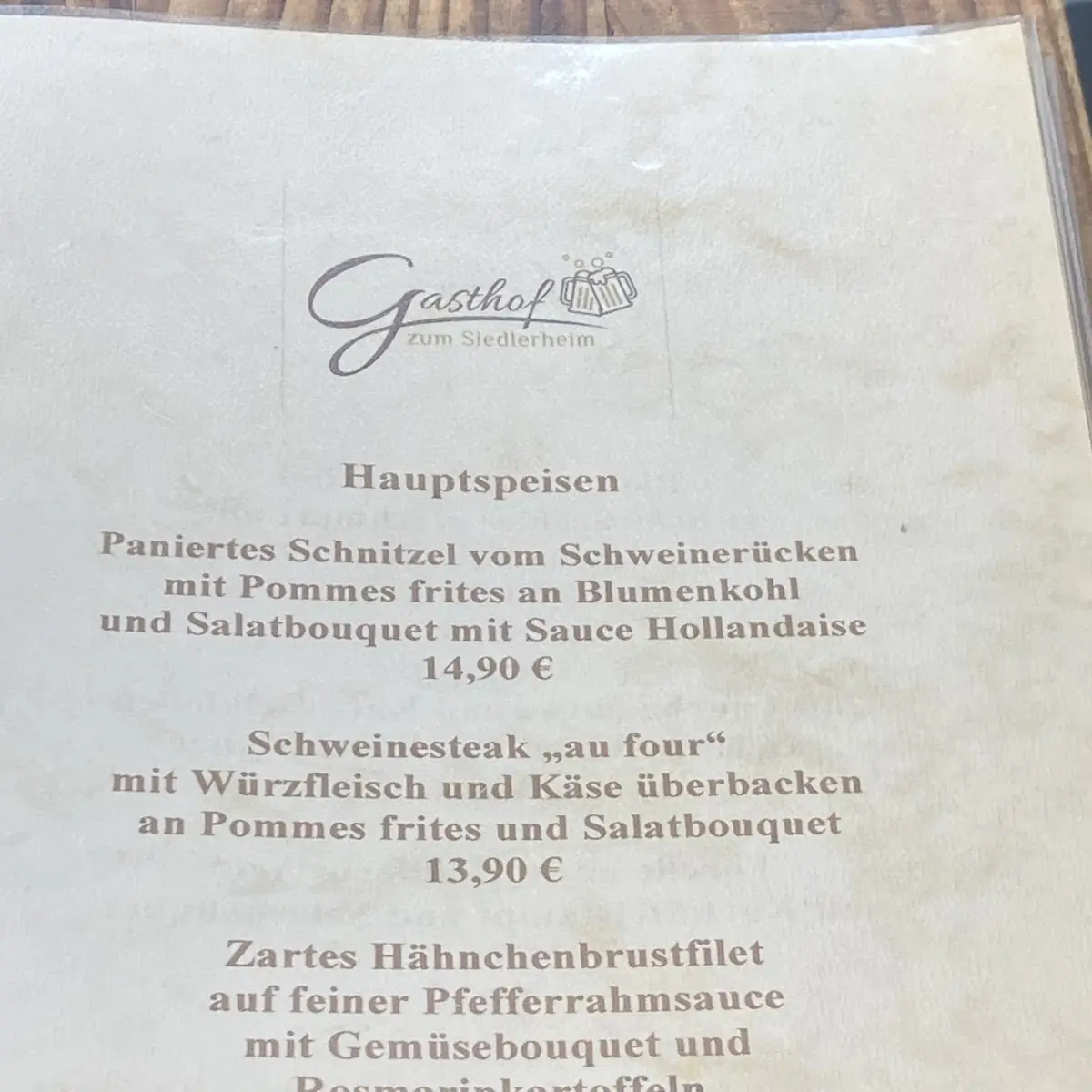 Speisekarte, Gasthof zum Siedlerheim