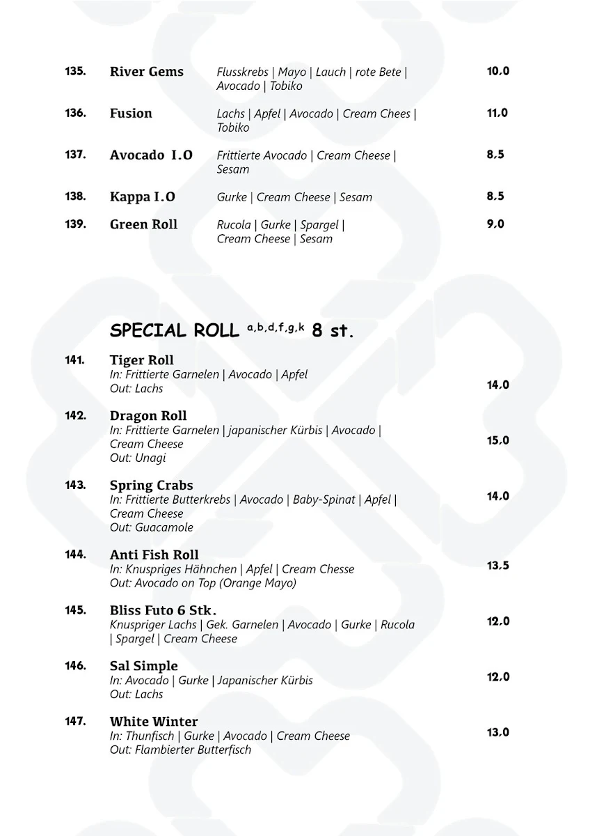Speisekarte, SIHA Fusion Restaurant Sushi-Burger-Pasta
