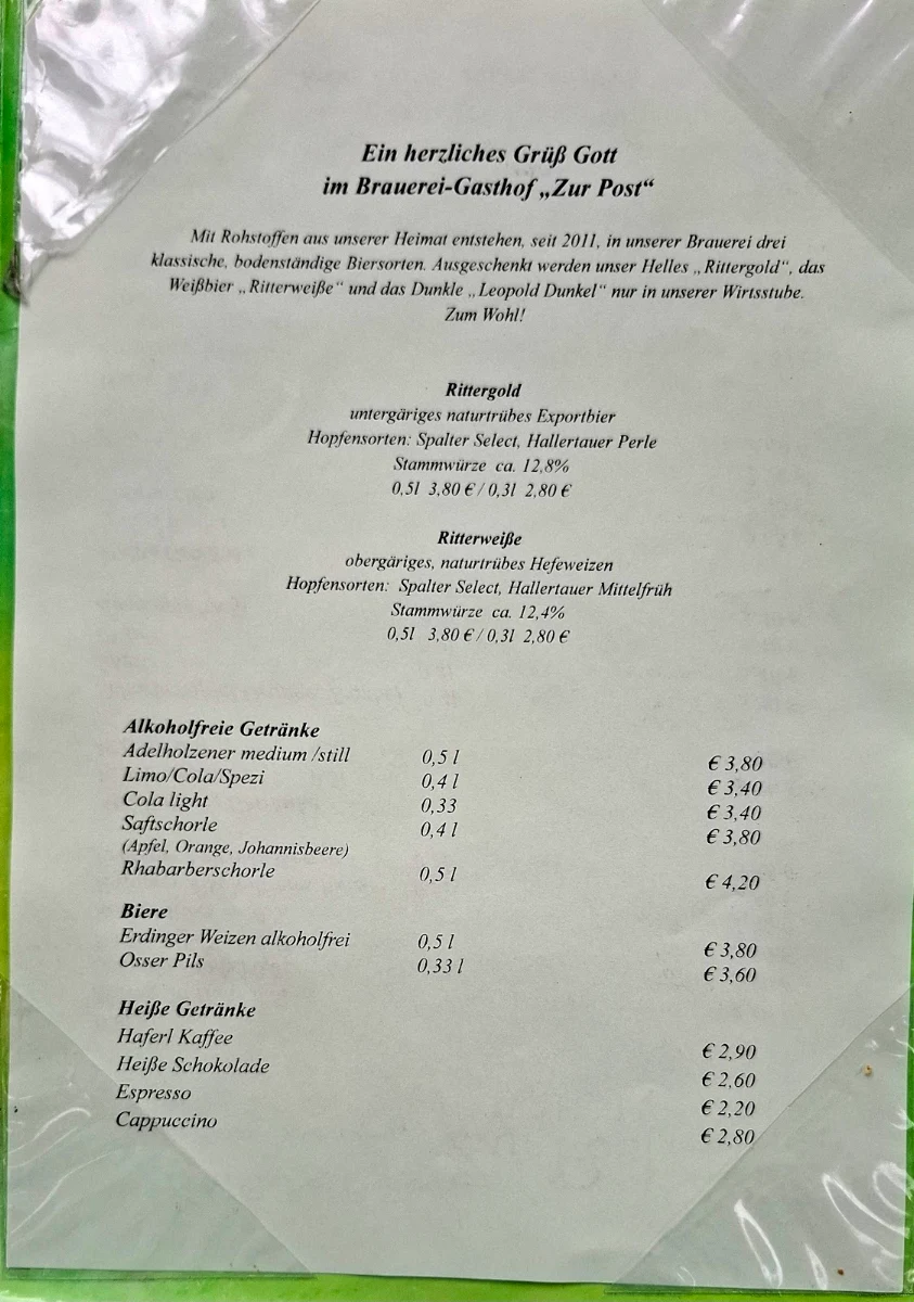 Speisekarte, Brauerei Gasthof "Zur Post"