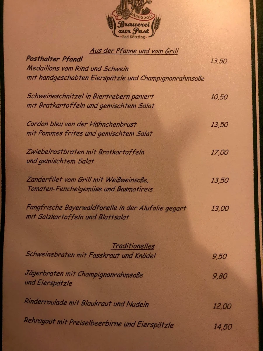 Speisekarte, Brauerei Gasthof "Zur Post"