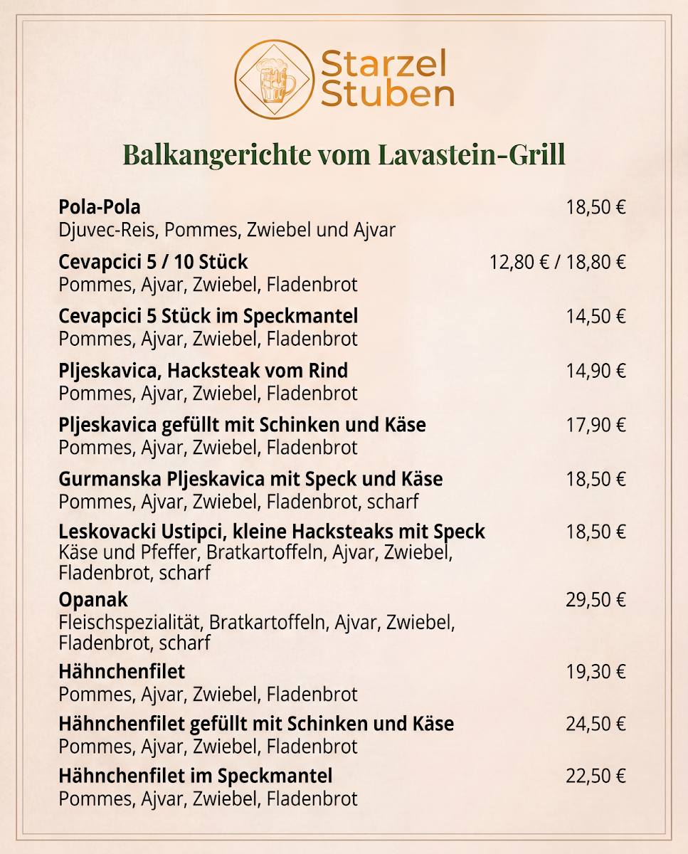 Speisekarte, Starzel-Stuben