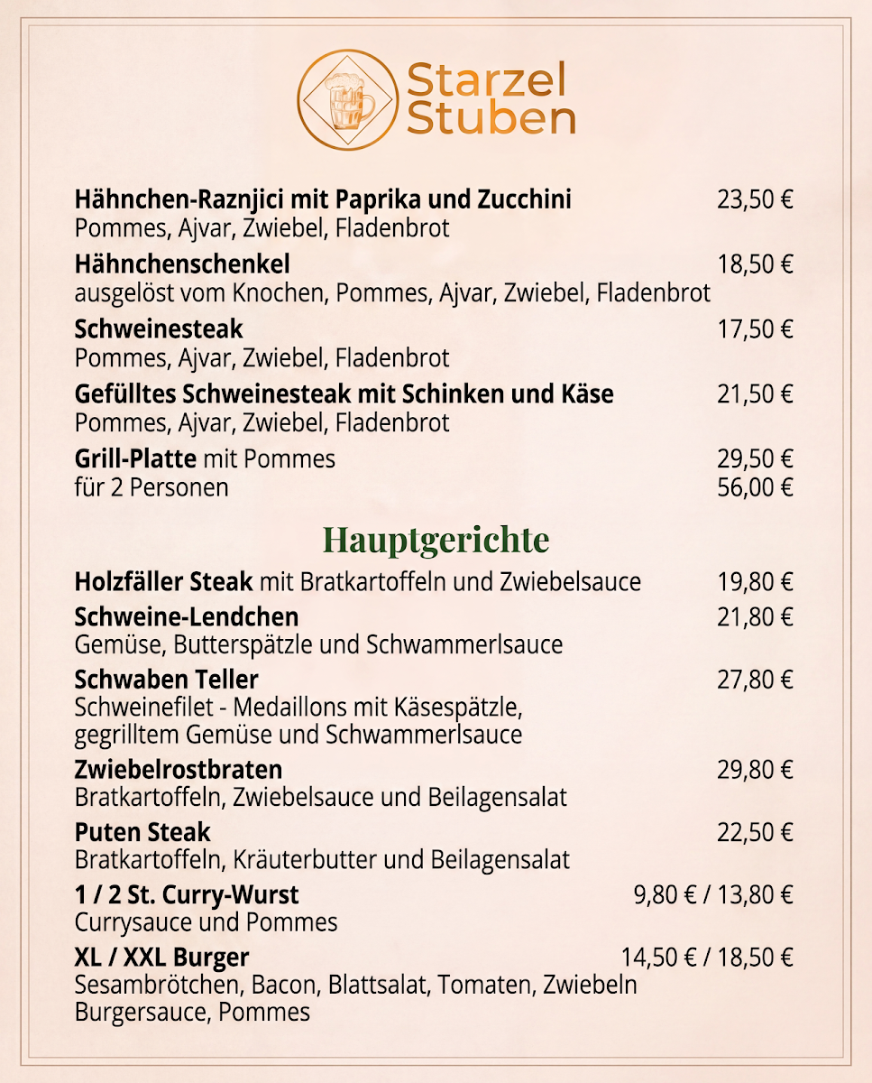 Speisekarte, Starzel-Stuben