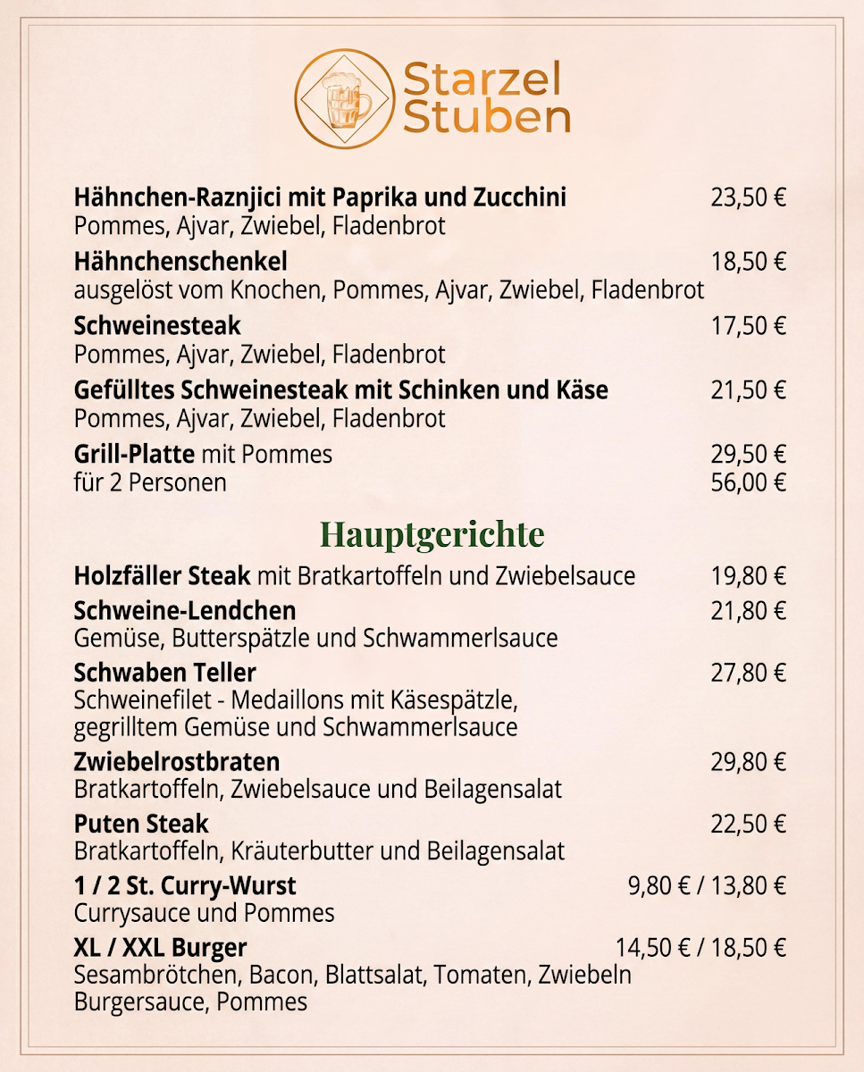 Speisekarte, Starzel-Stuben