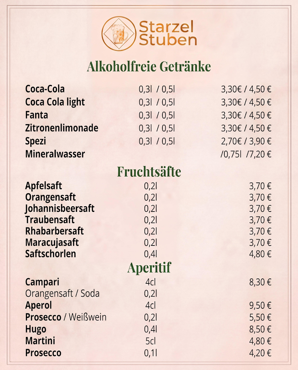 Speisekarte, Starzel-Stuben
