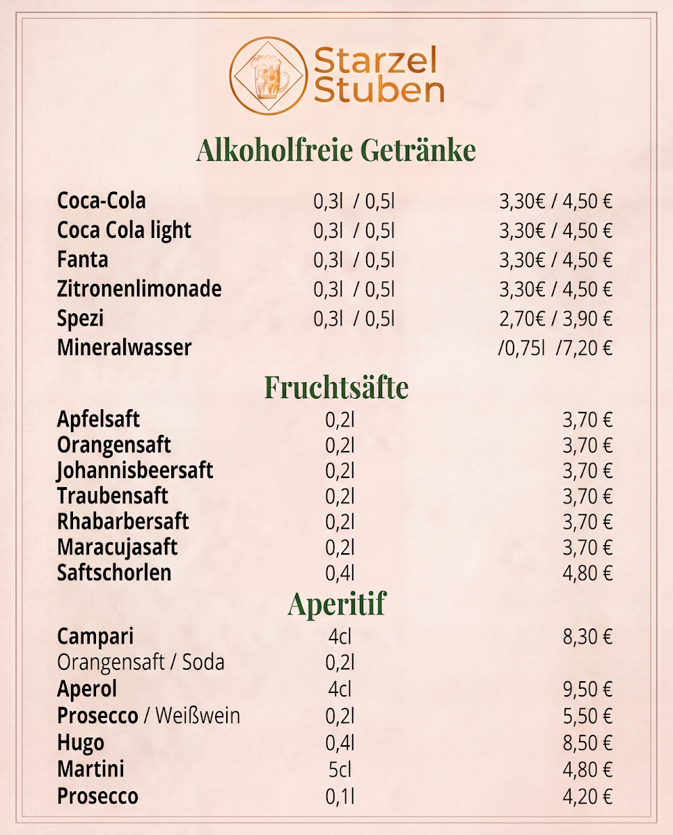 Speisekarte, Starzel-Stuben