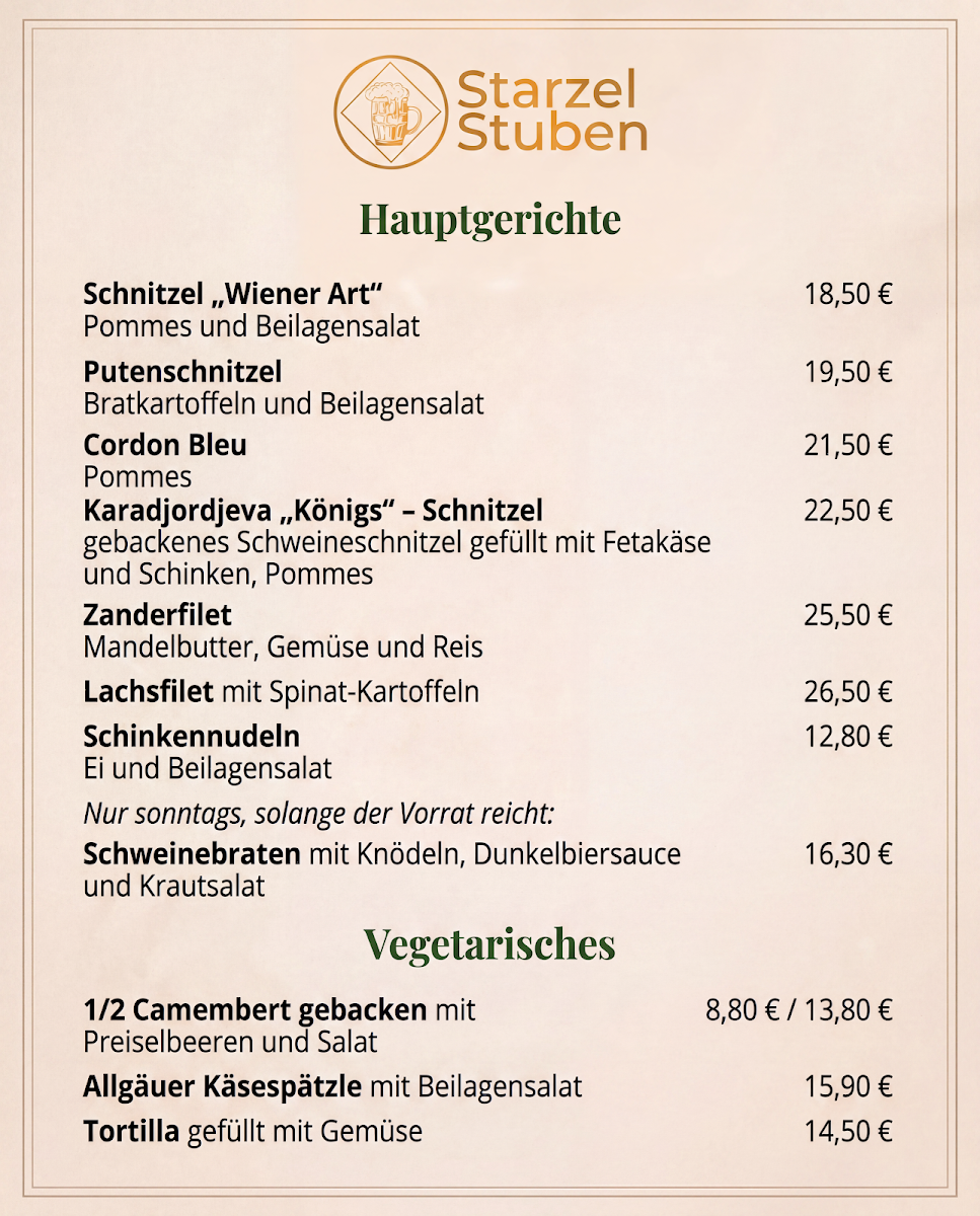 Speisekarte, Starzel-Stuben