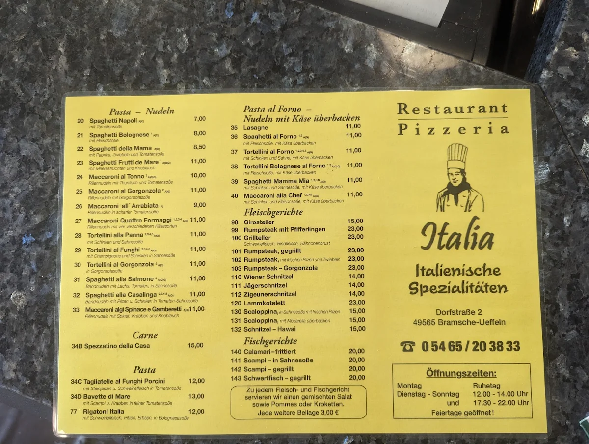 Speisekarte, Pizzeria Italia Inh. F. Pukaj