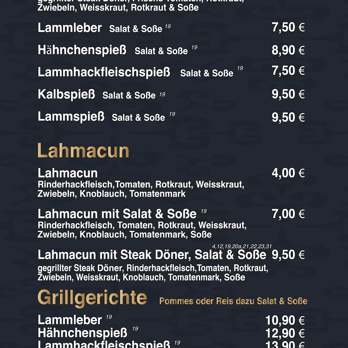 Speisekarte, Birlin Steak Döner House