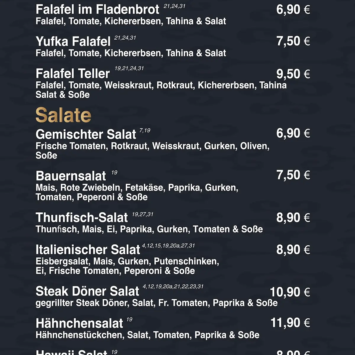 Speisekarte, Birlin Steak Döner House