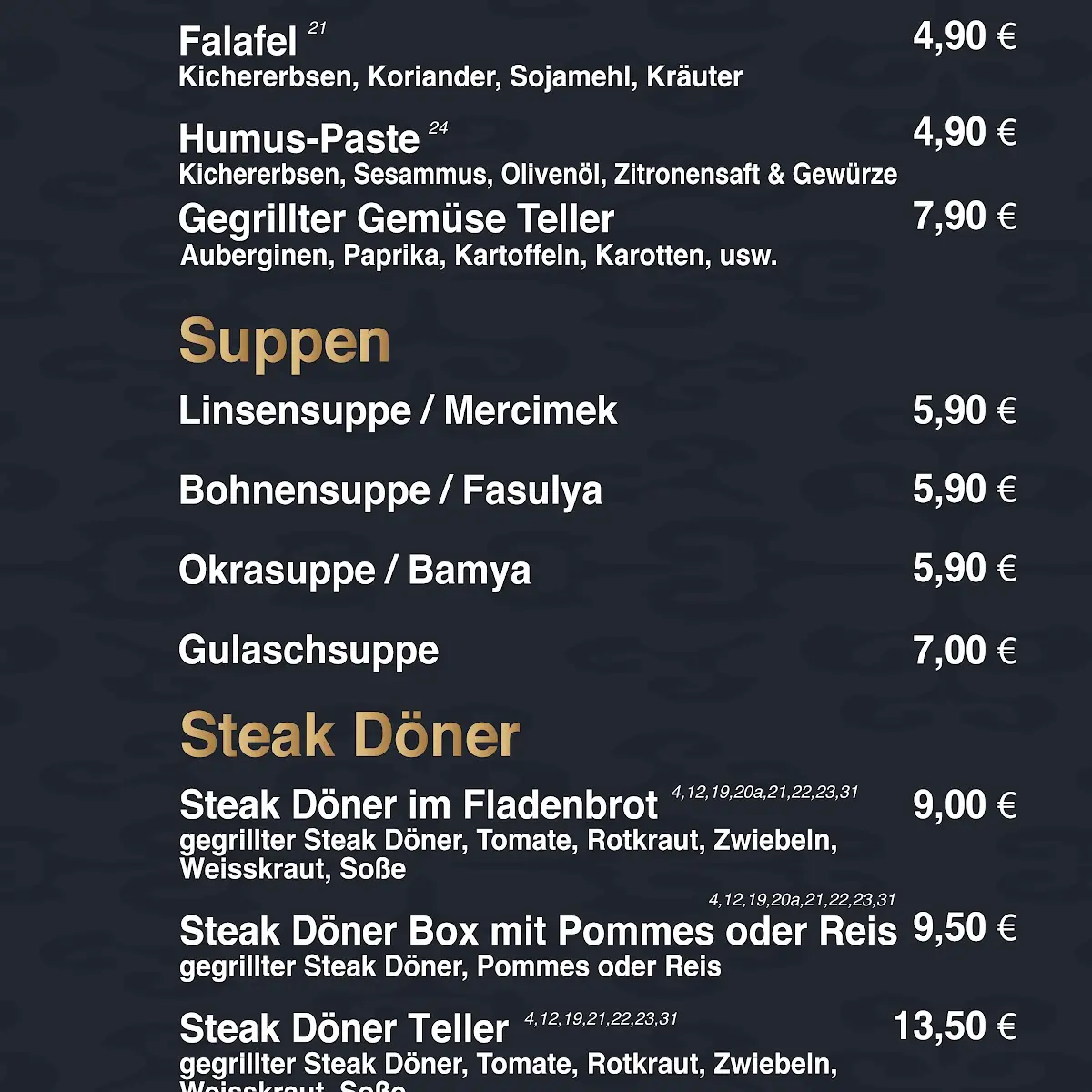 Speisekarte, Birlin Steak Döner House