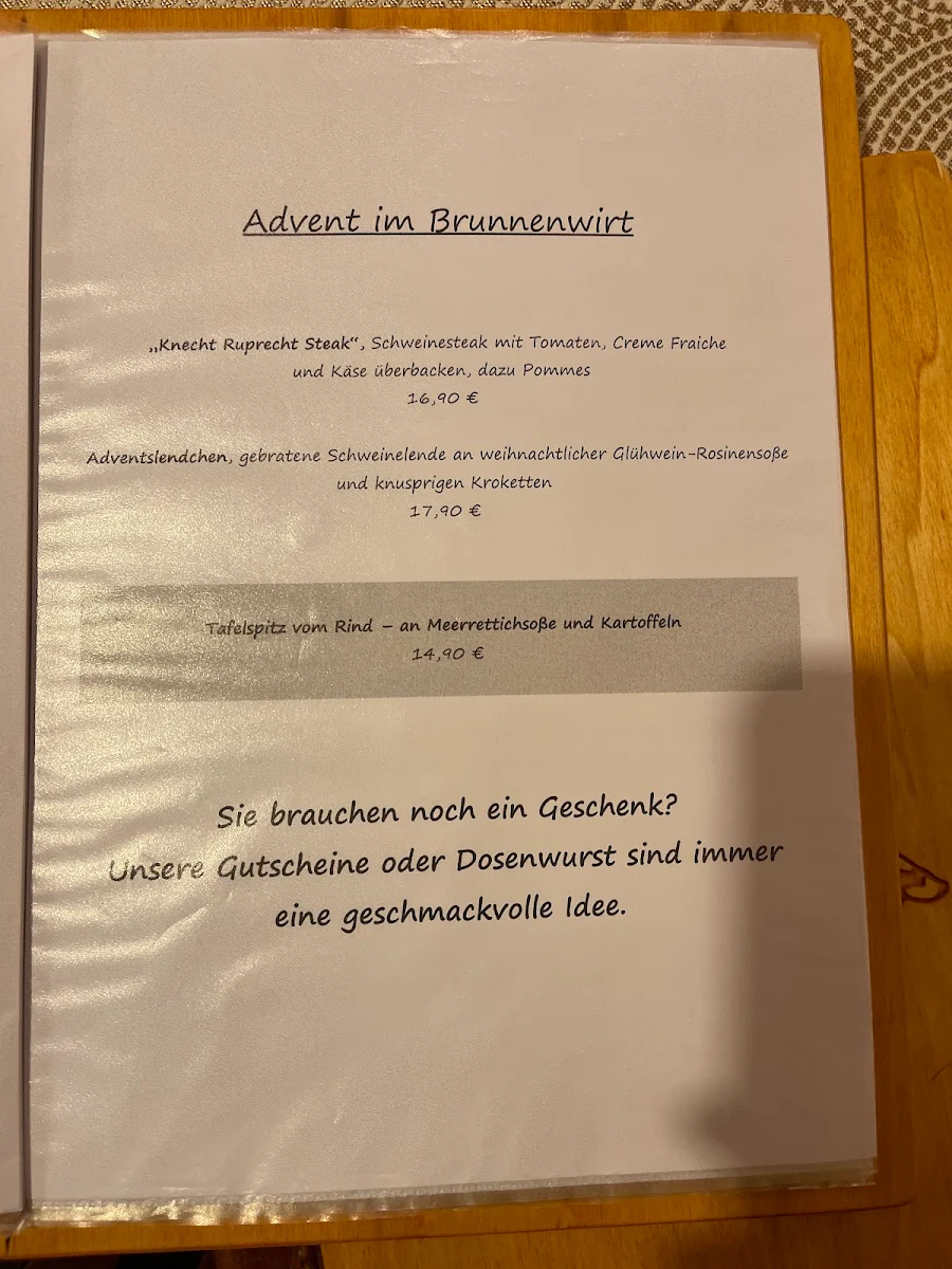 Speisekarte, Restaurant Zum Brunnenwirt