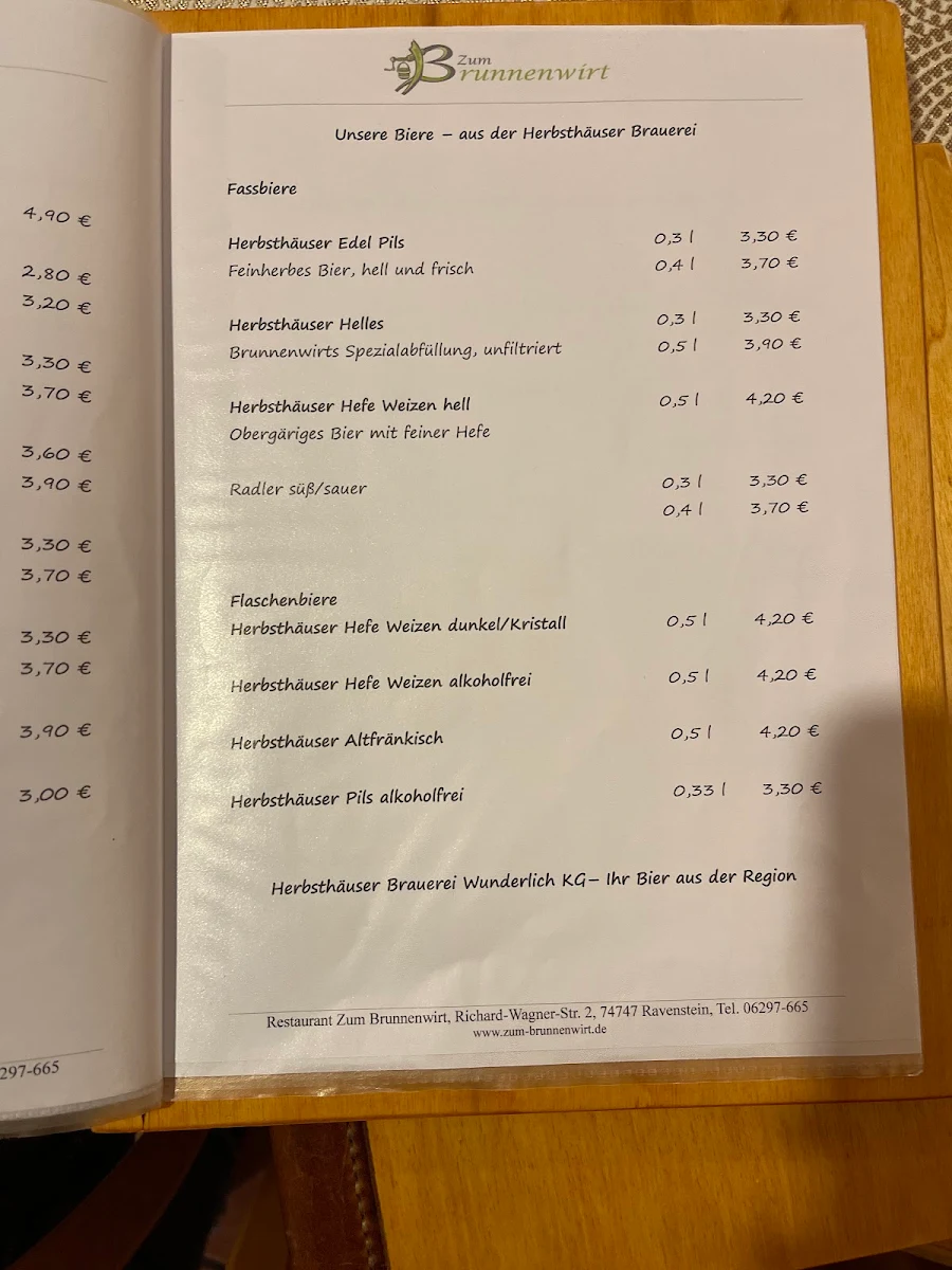 Speisekarte, Restaurant Zum Brunnenwirt