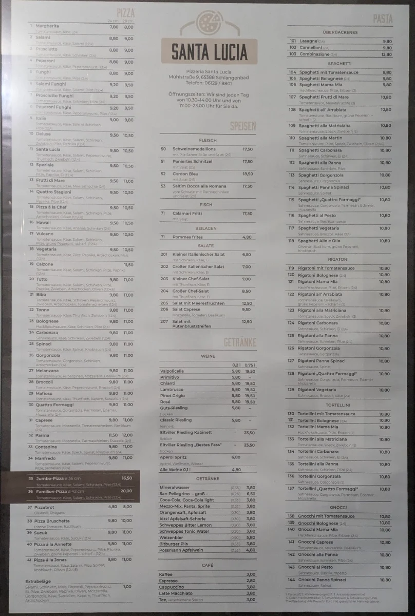 Speisekarte, Pizzeria Santa Lucia