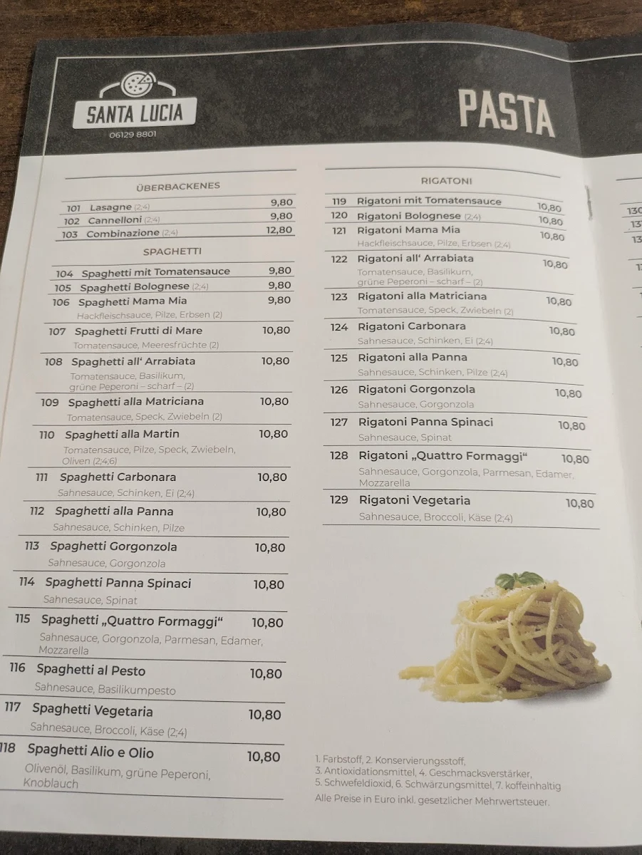 Speisekarte, Pizzeria Santa Lucia