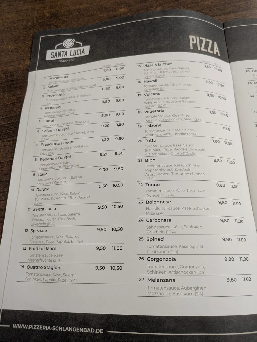 Speisekarte, Pizzeria Santa Lucia