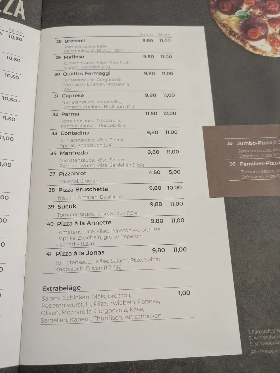 Speisekarte, Pizzeria Santa Lucia