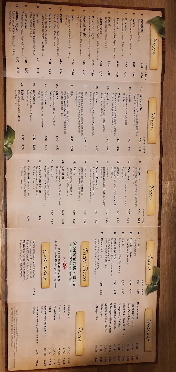 Speisekarte, Pizzeria Santa Lucia