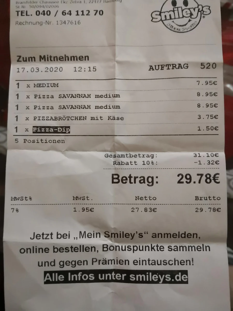 Speisekarte, Smiley's Pizza Profis Barmbek