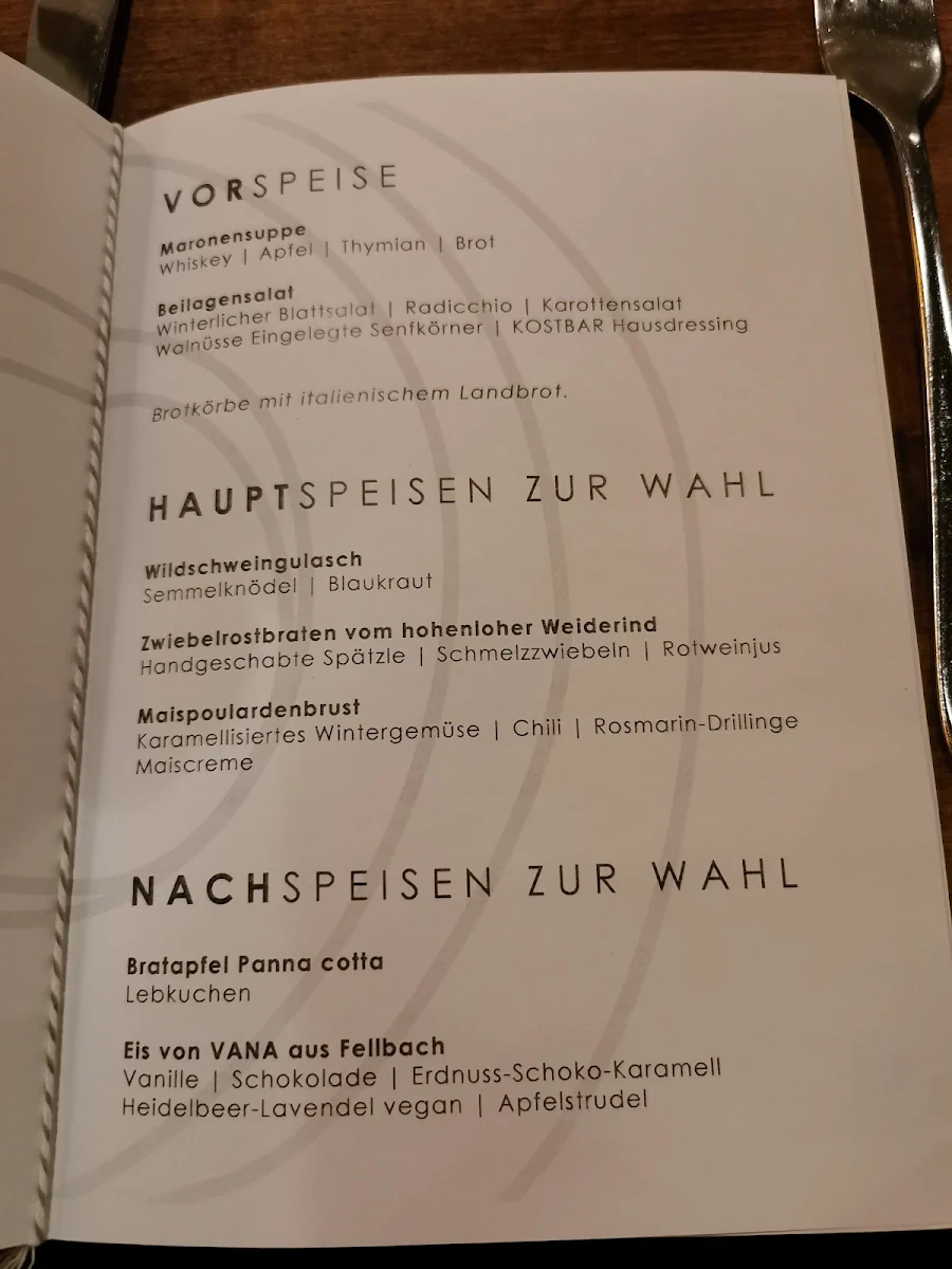 Speisekarte, KOSTBAR Restaurant