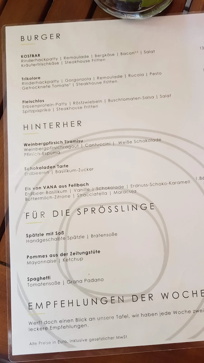 Speisekarte, KOSTBAR Restaurant