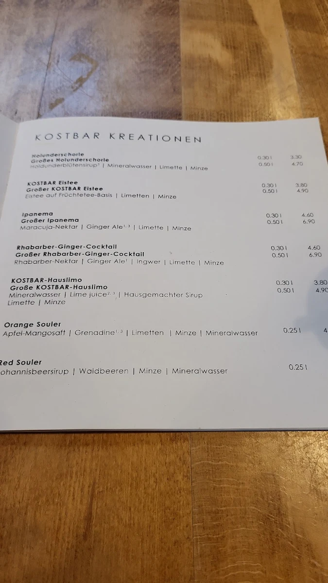 Speisekarte, KOSTBAR Restaurant