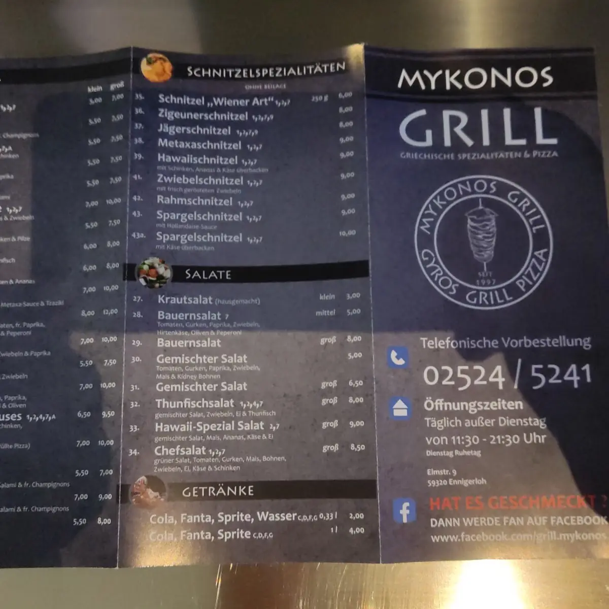 Speisekarte, Mykonos Grill
