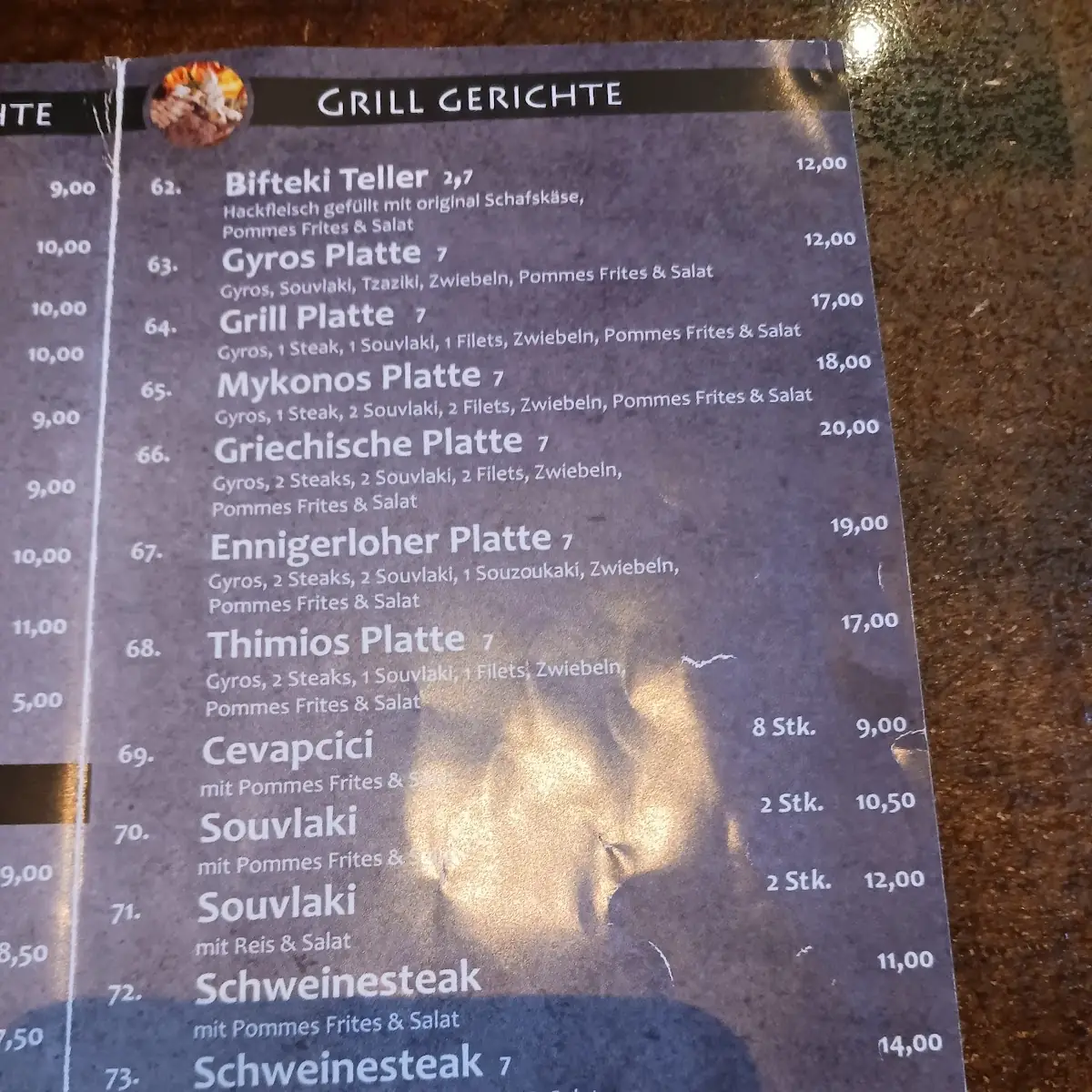 Speisekarte, Mykonos Grill