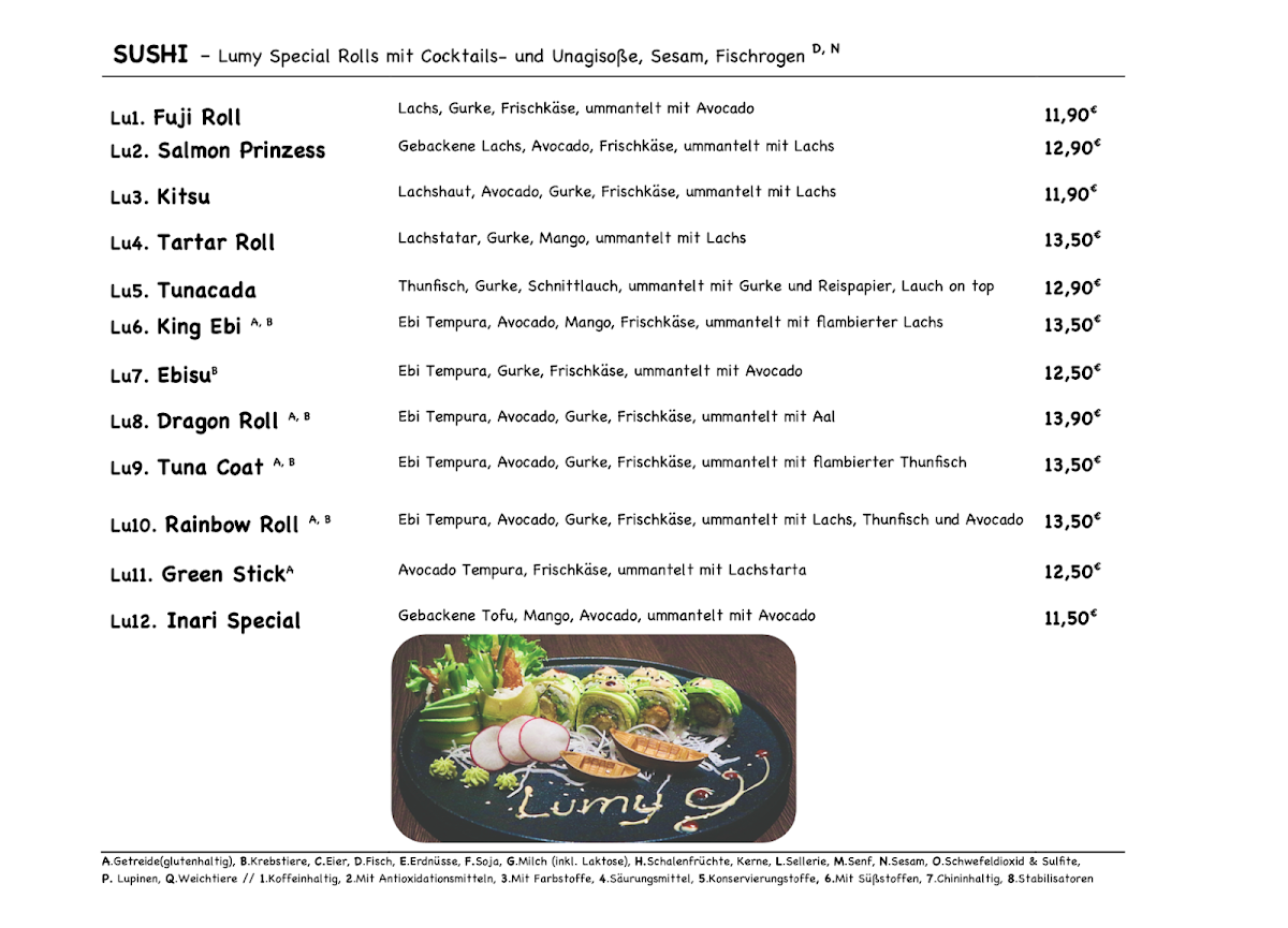 Speisekarte, Lumy Restaurant