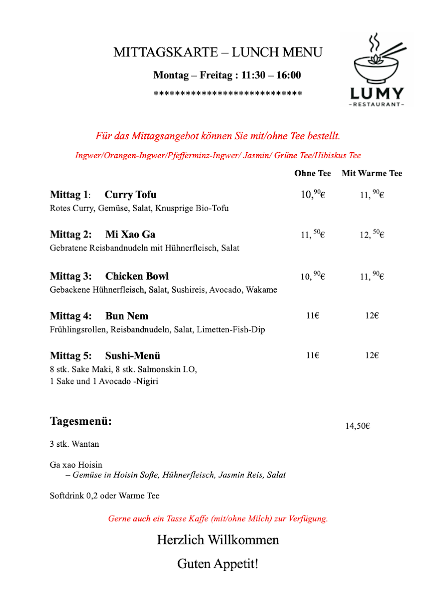 Speisekarte, Lumy Restaurant