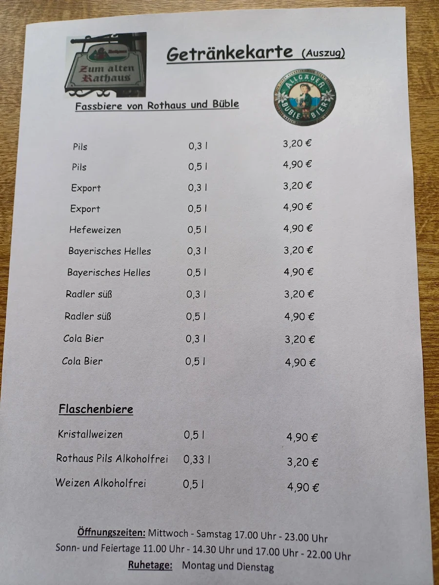Speisekarte, Zum Alten Rathaus