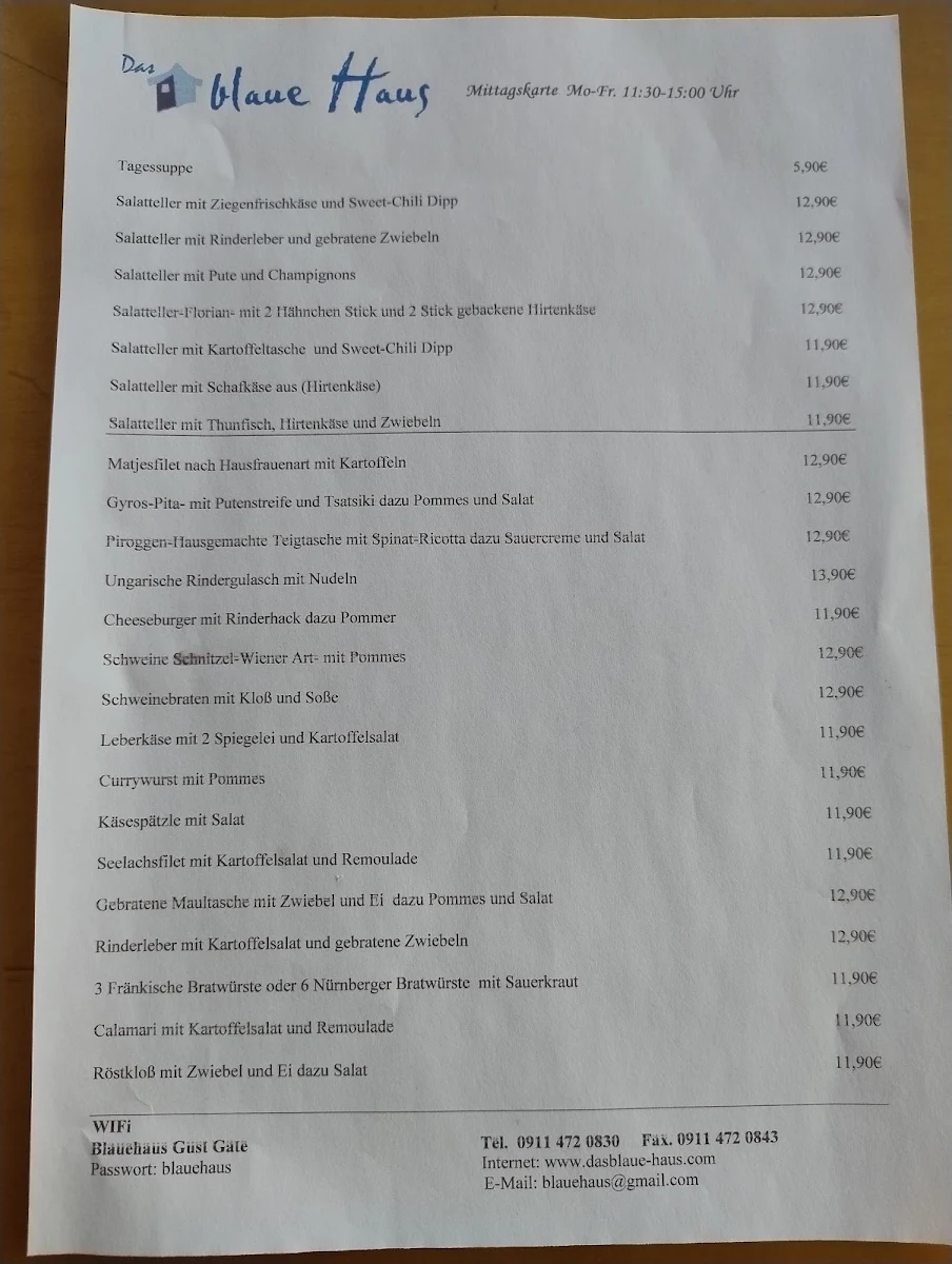Speisekarte, Das blaue Haus - Restaurant