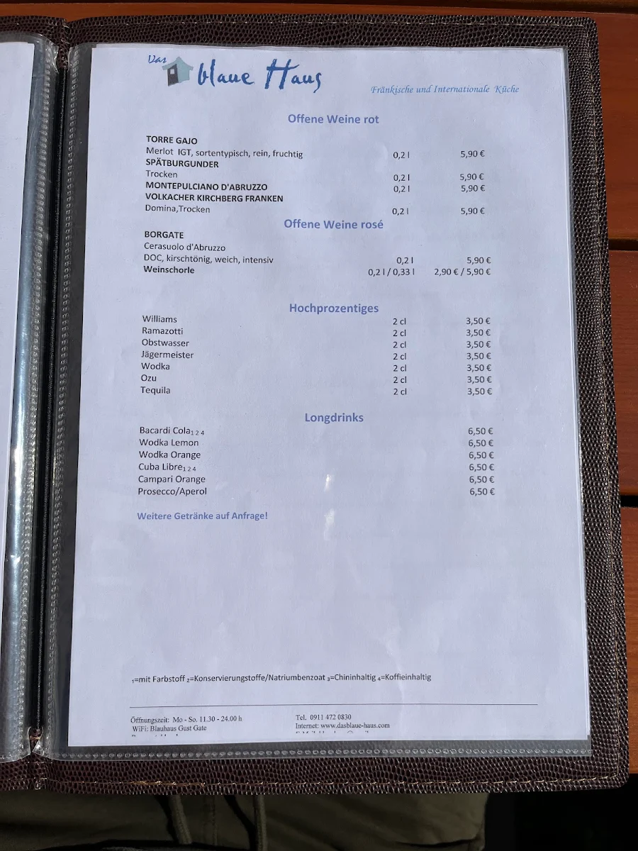 Speisekarte, Das blaue Haus - Restaurant