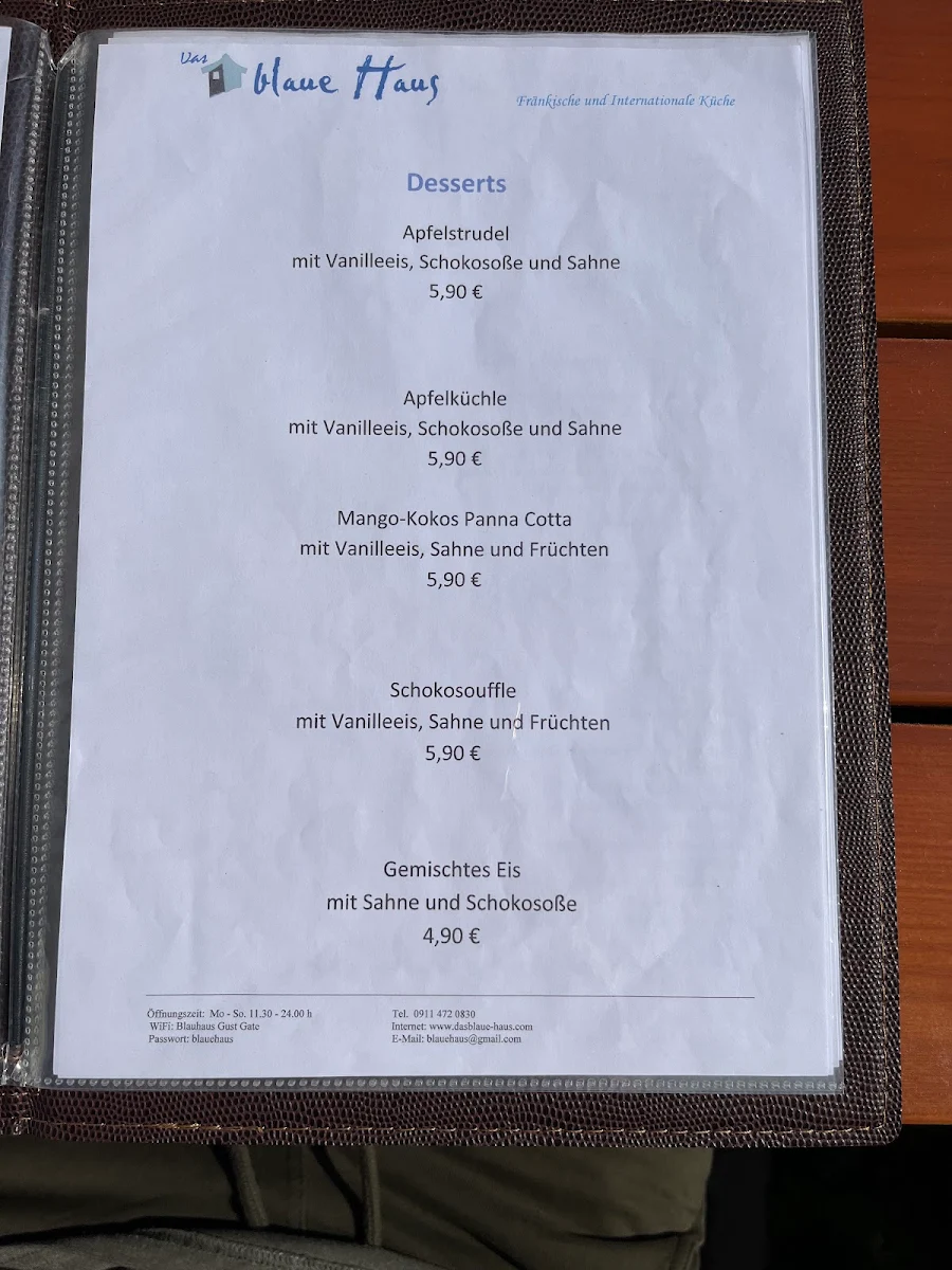 Speisekarte, Das blaue Haus - Restaurant
