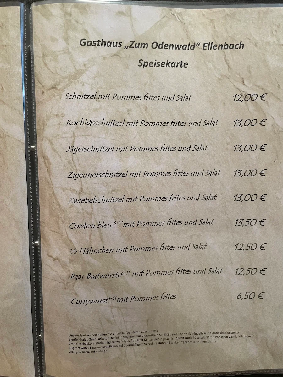 Speisekarte, Gasthaus "Zum Odenwald" Ellenbach