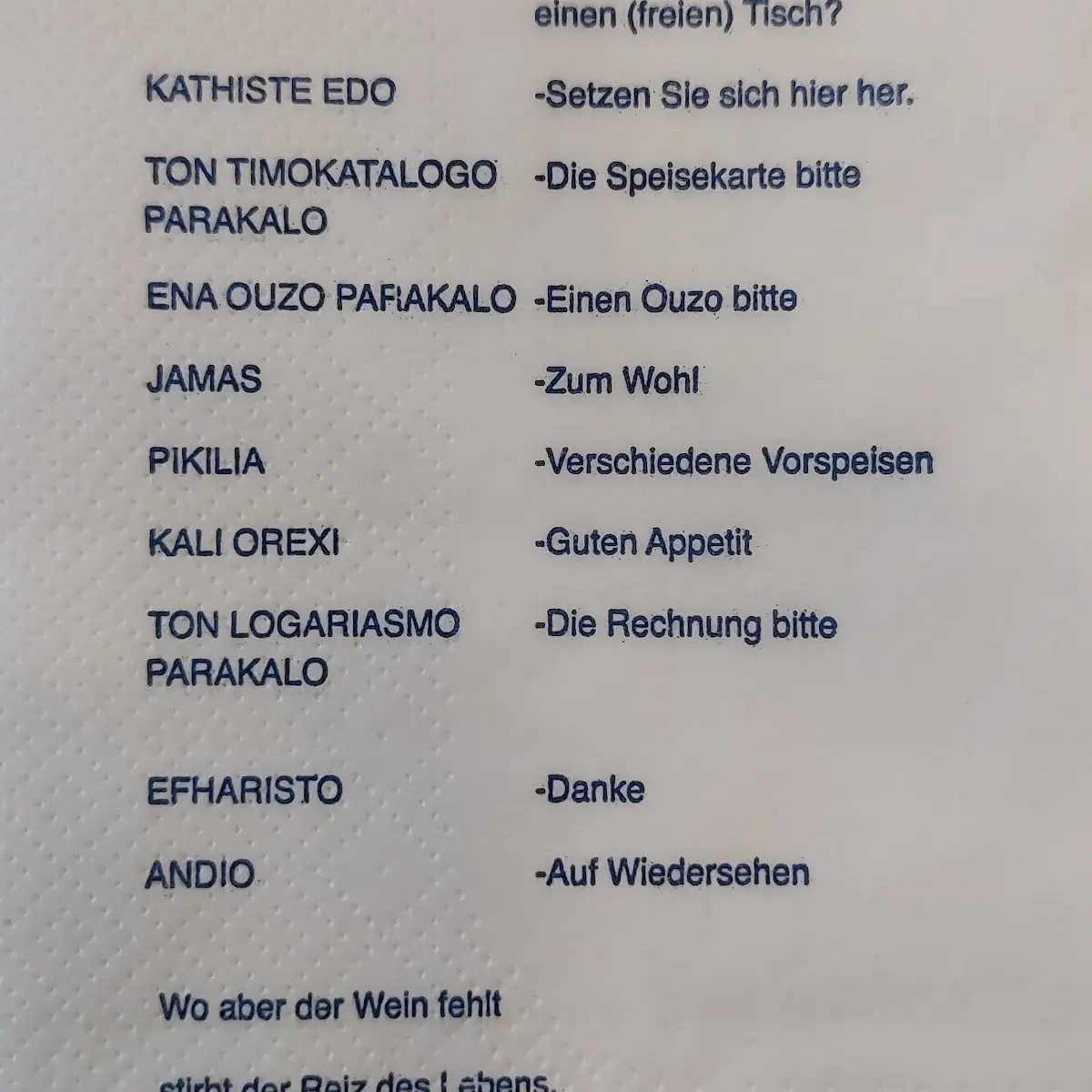 Speisekarte, Restaurant Anemos