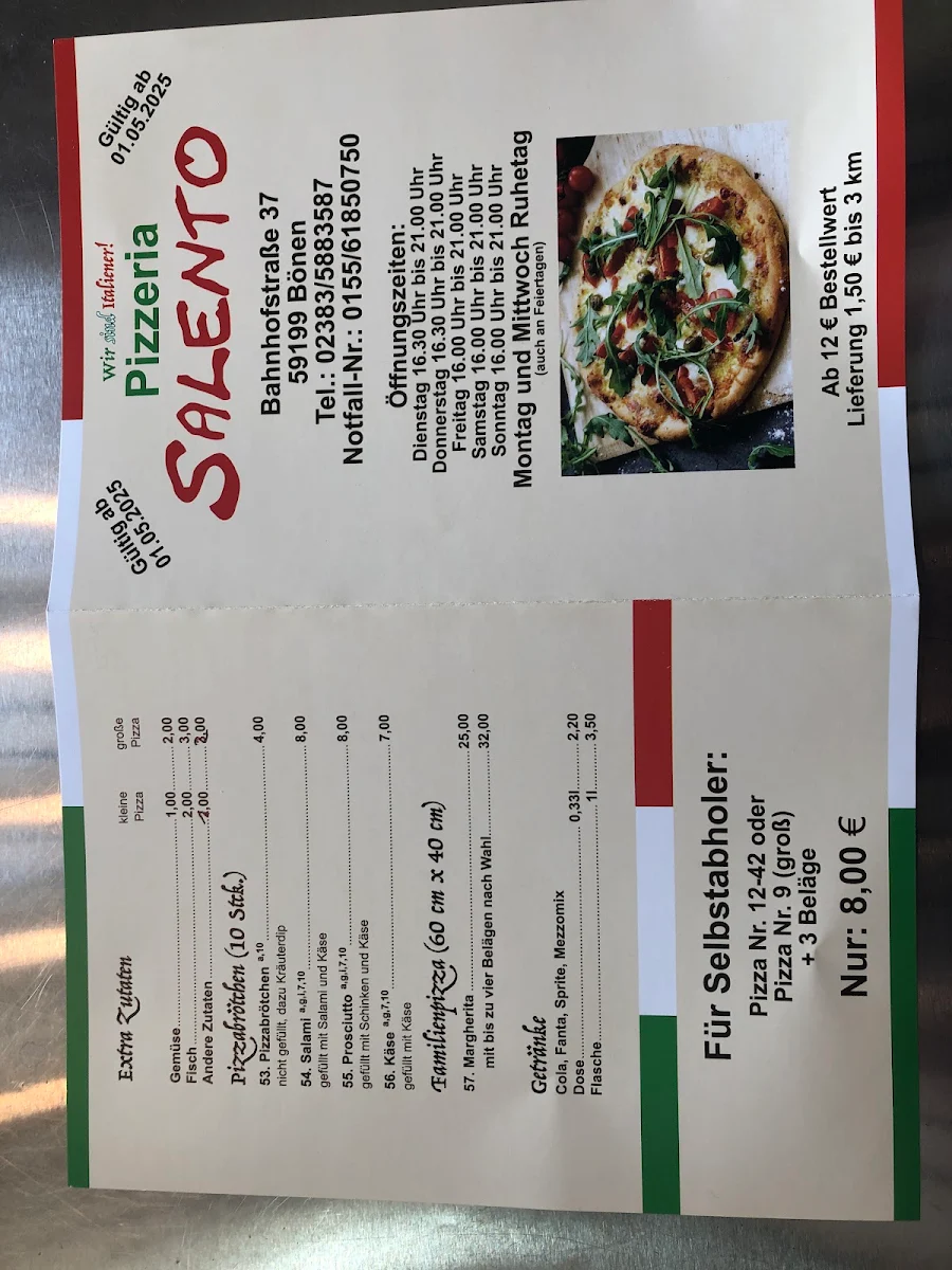Speisekarte, Pizzeria Salento