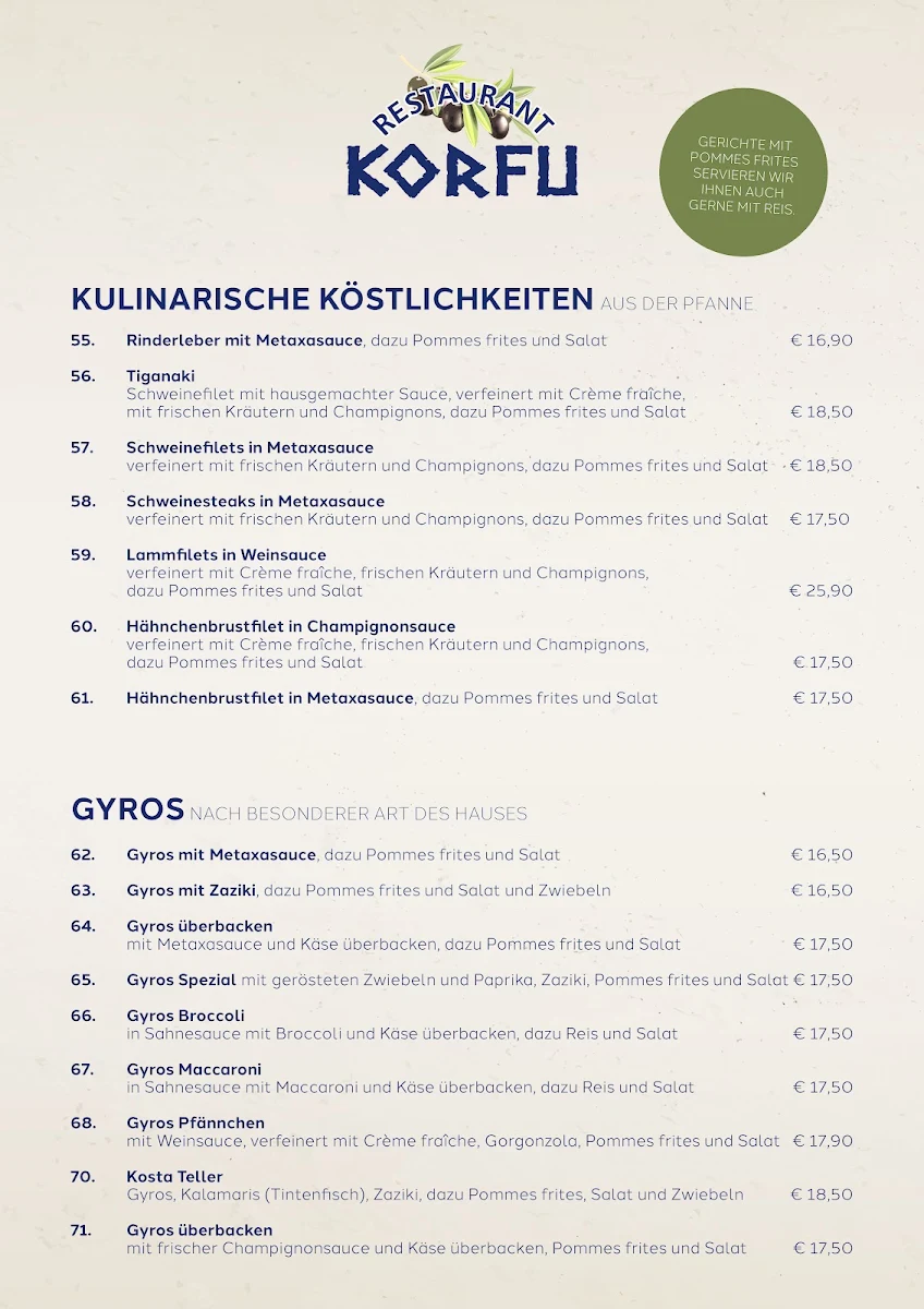 Speisekarte, Restaurant Korfu