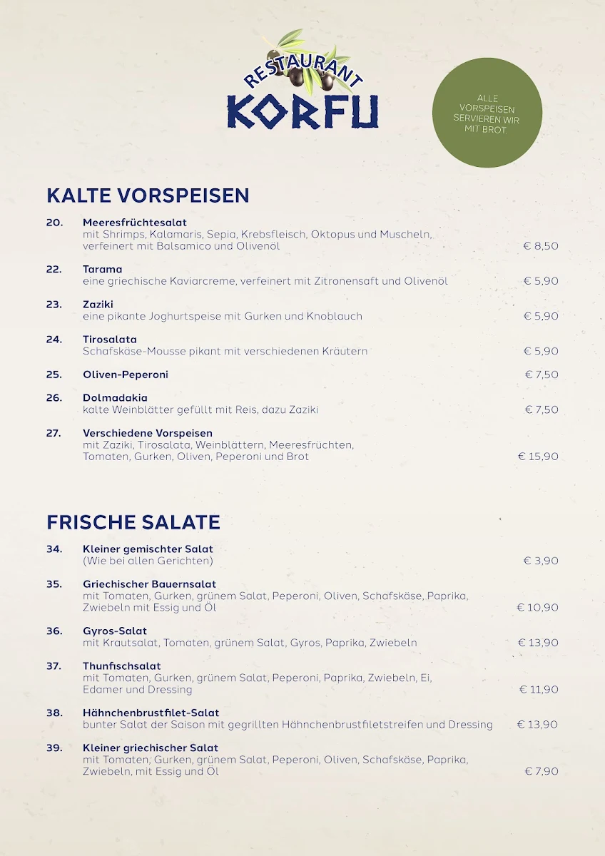 Speisekarte, Restaurant Korfu