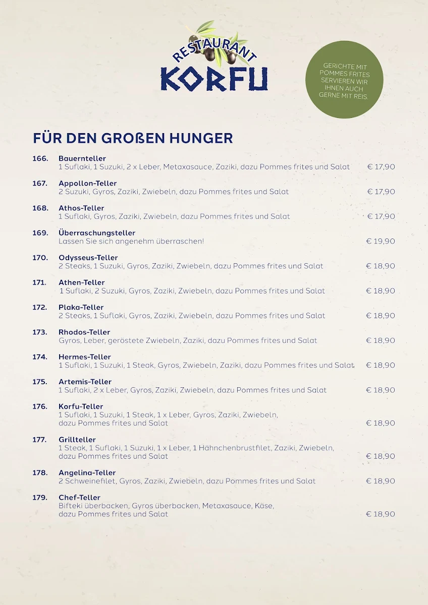 Speisekarte, Restaurant Korfu