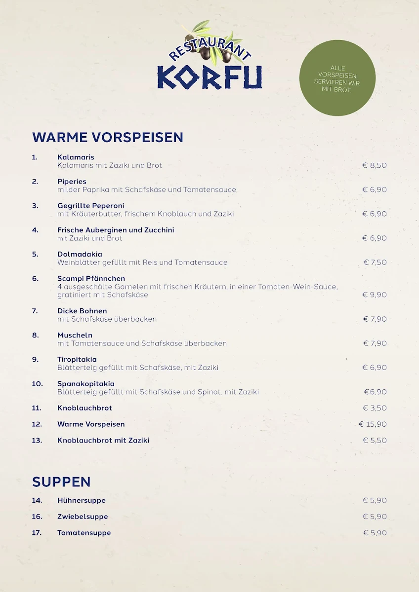 Speisekarte, Restaurant Korfu