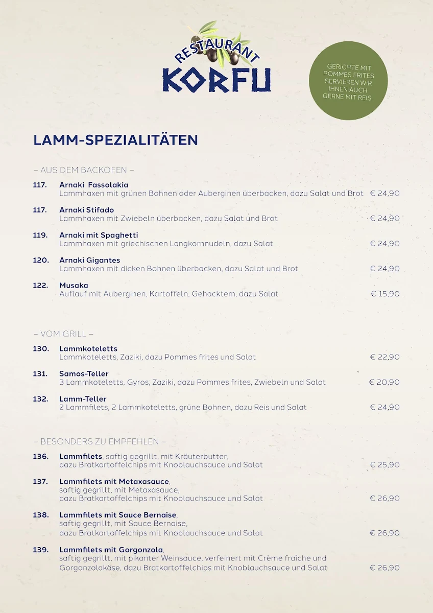 Speisekarte, Restaurant Korfu