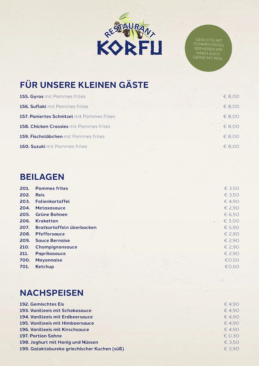 Speisekarte, Restaurant Korfu