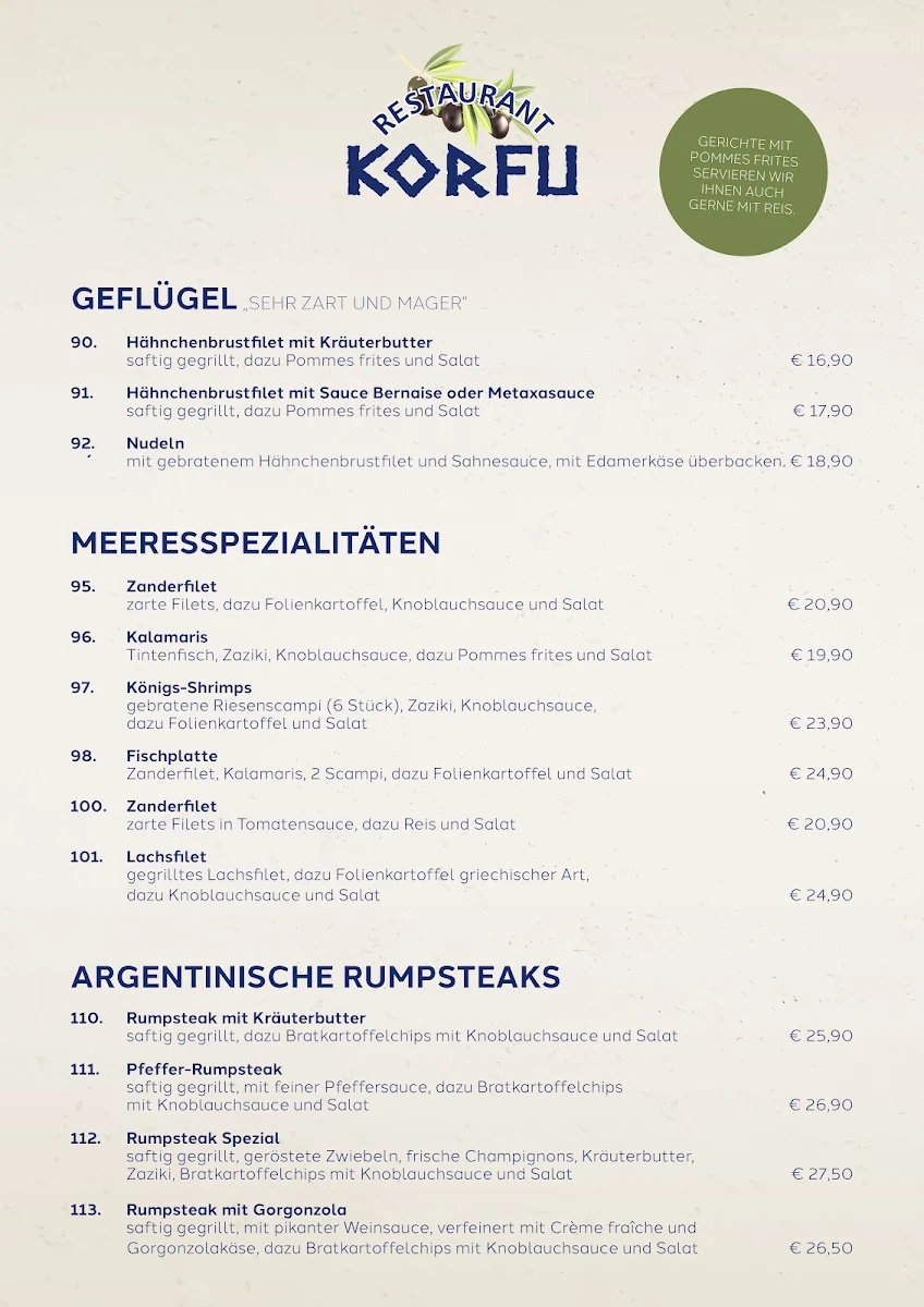 Speisekarte, Restaurant Korfu