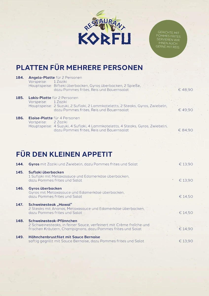 Speisekarte, Restaurant Korfu